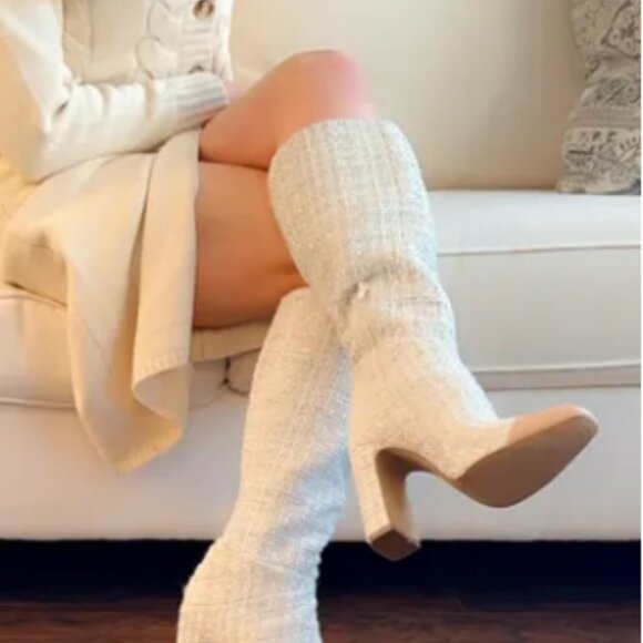 Steve Madden Ally-C Natural Multi Boucle Knee-High Boot with Genuine Leather Toe - Picture 3 of 12